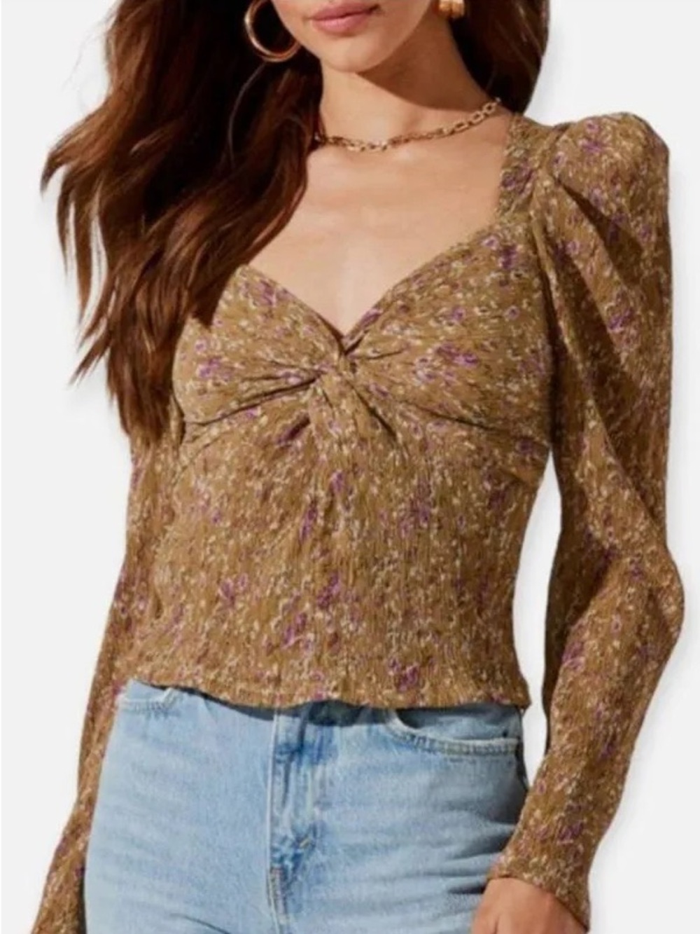 Astr Olive Twist-Front Floral Top with Purple Blossoms